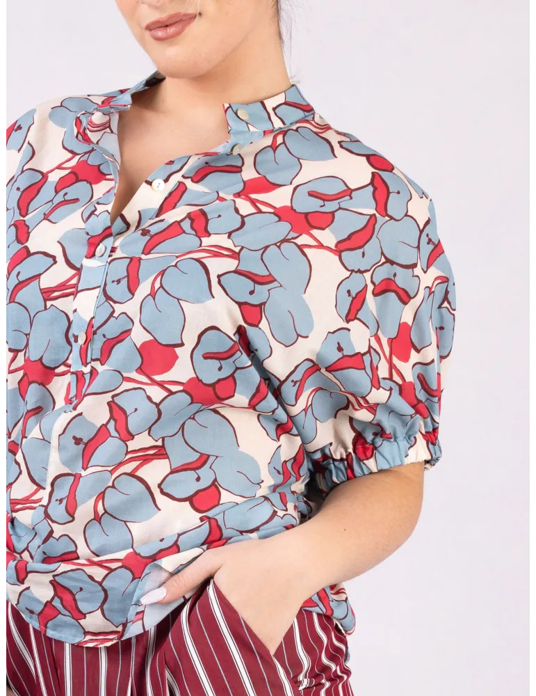 Light blue and red cotton muslin printed kimono shirt