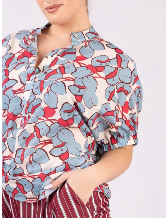 Light blue and red cotton muslin printed kimono shirt