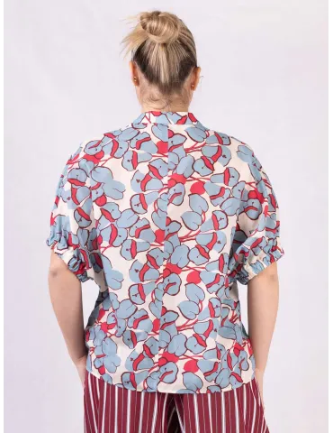 Light blue and red cotton muslin printed kimono shirt 2