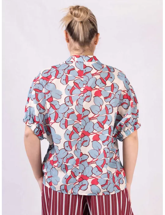 Light blue and red cotton muslin printed kimono shirt
