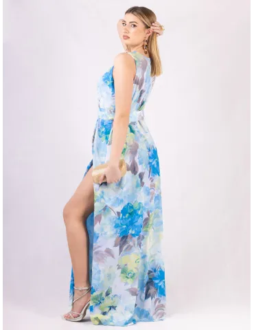 Long cross-over dress two slits and sky blue flower pattern 2