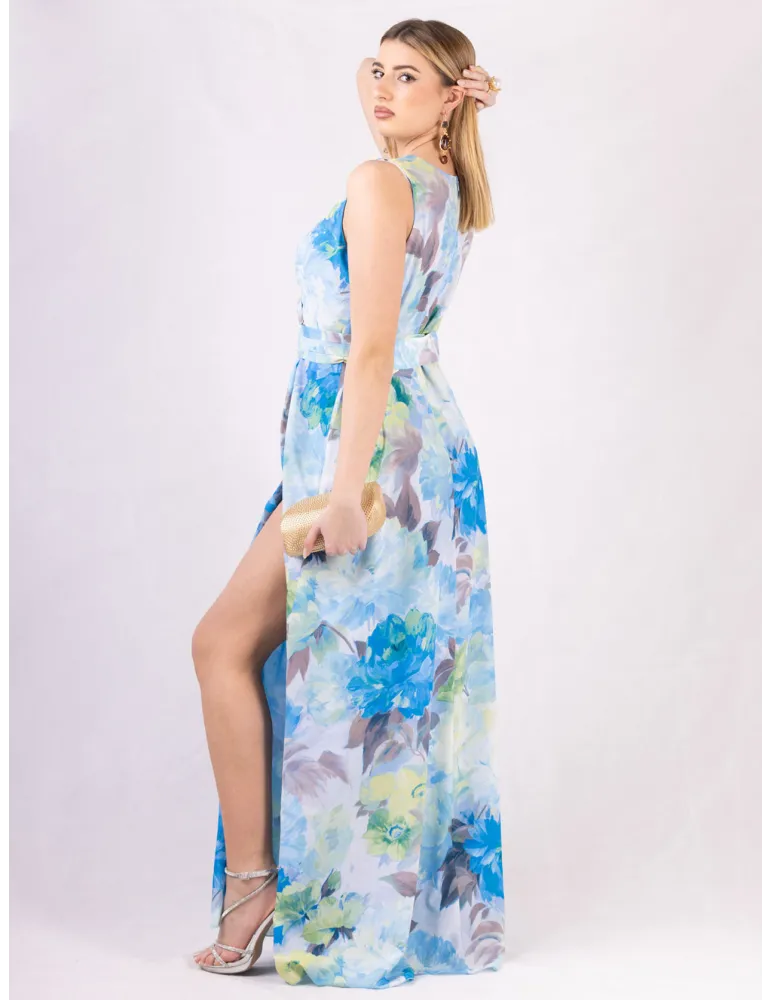Long cross-over dress two slits and sky blue flower pattern