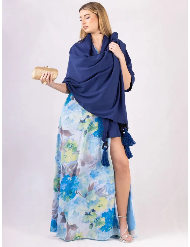 Long cross-over dress two slits and sky blue flower pattern