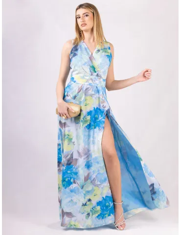 Long cross-over dress two slits and sky blue flower pattern