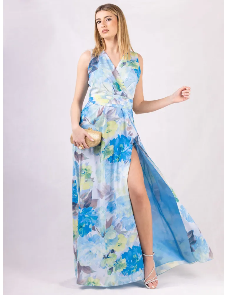 Long cross-over dress two slits and sky blue flower pattern