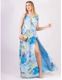 Long cross-over dress two slits and sky blue flower pattern