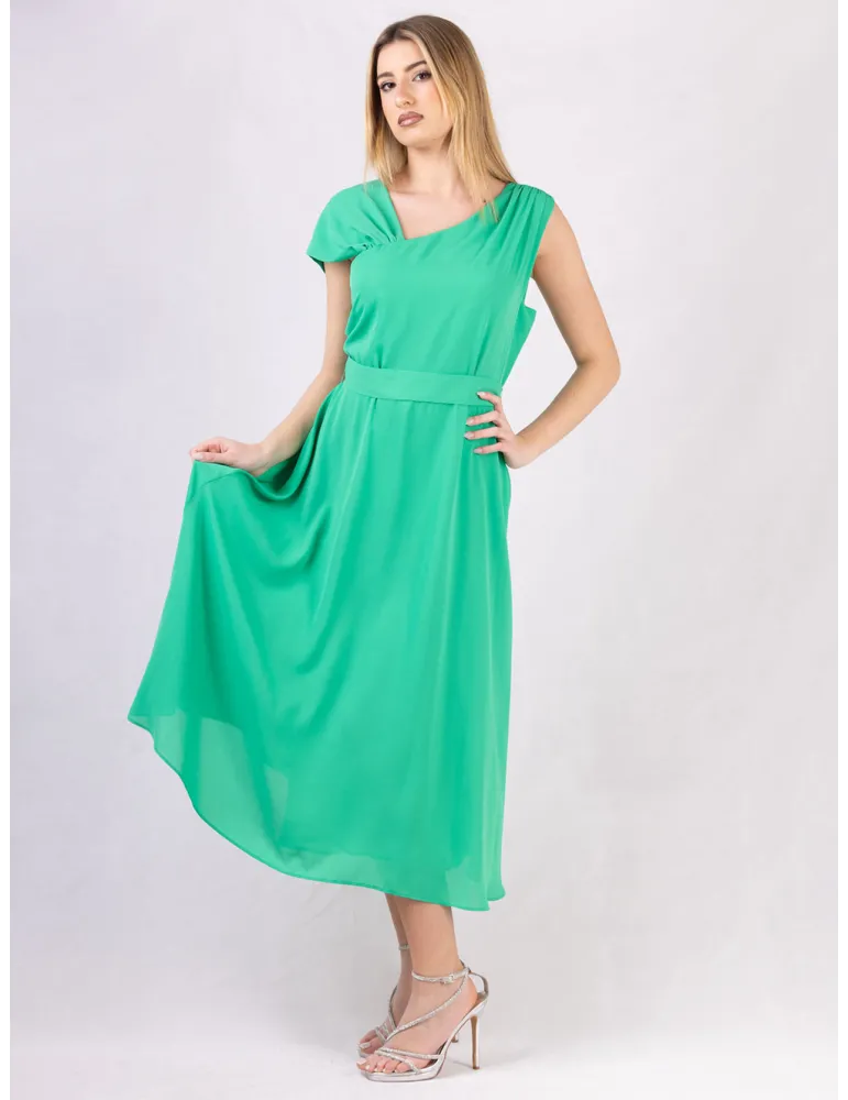 Long cross-over dress with two slits and lilac flower pattern