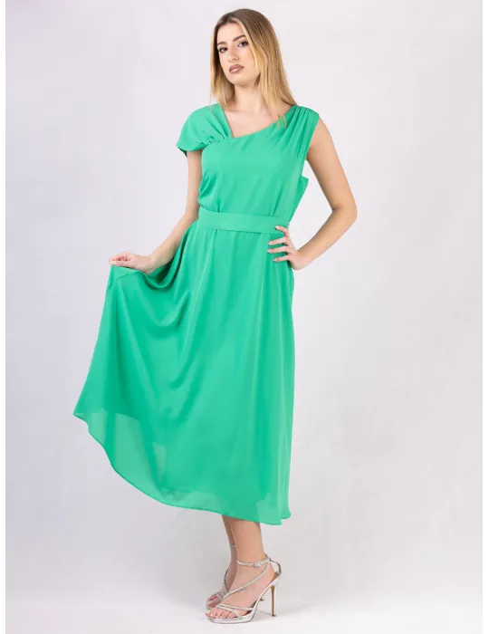 Long cross-over dress with two slits and lilac flower pattern