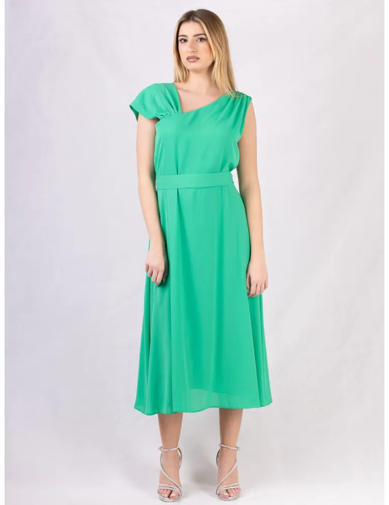 Long cross-over dress with two slits and lilac flower pattern