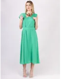 Long cross-over dress with two slits and lilac flower pattern