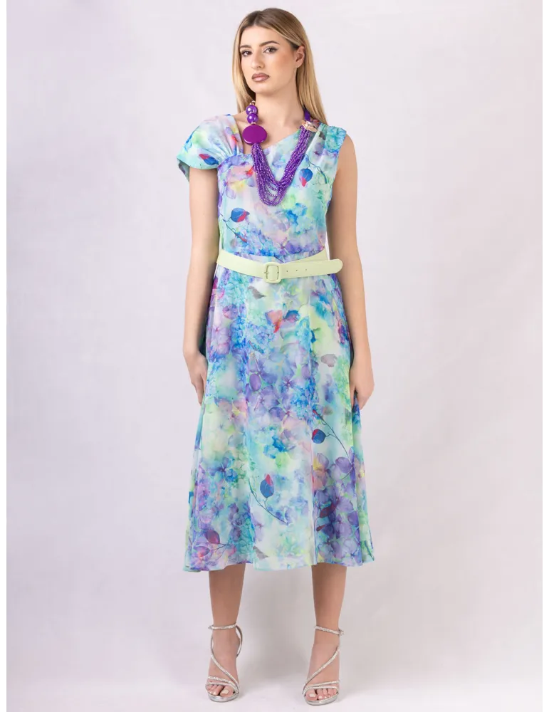 Casting Lilac and green watercolor floral midi dress with belt Casting Lilac and green watercolor floral midi dress with belt