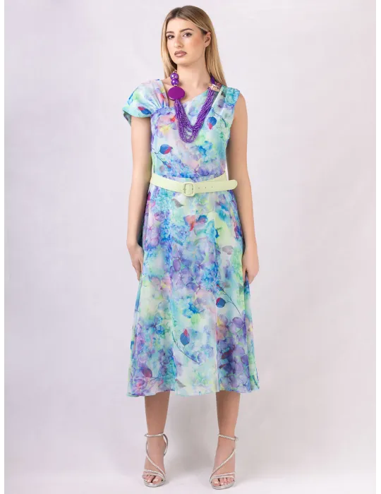 Casting Lilac and green watercolor floral midi dress with belt Casting Lilac and green watercolor floral midi dress with belt