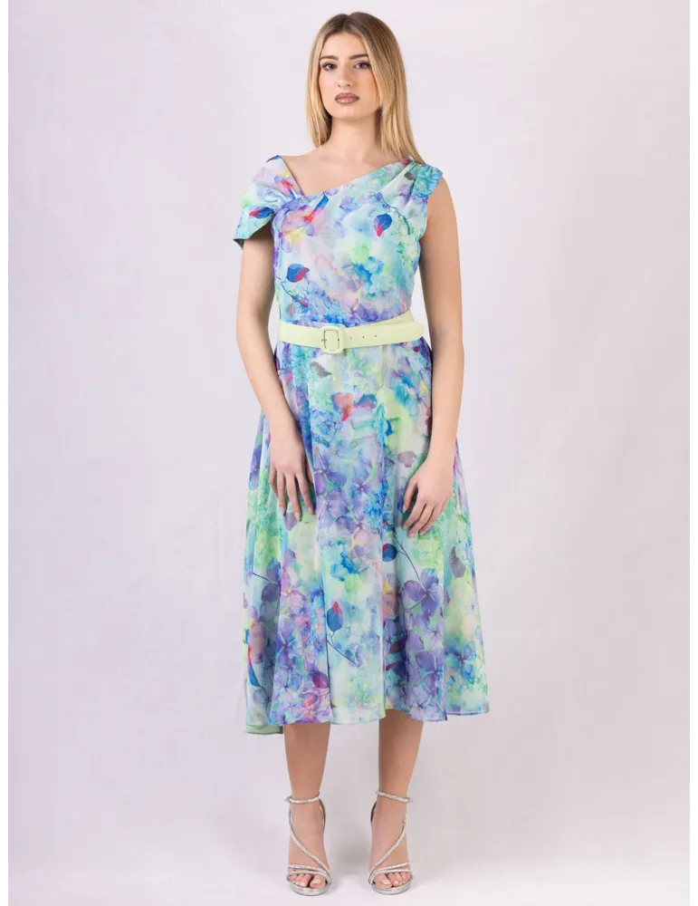 Casting Lilac and green watercolor floral midi dress with belt