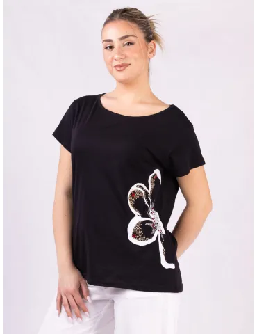 Rubamori Black cotton t-shirt with red rhinestones print