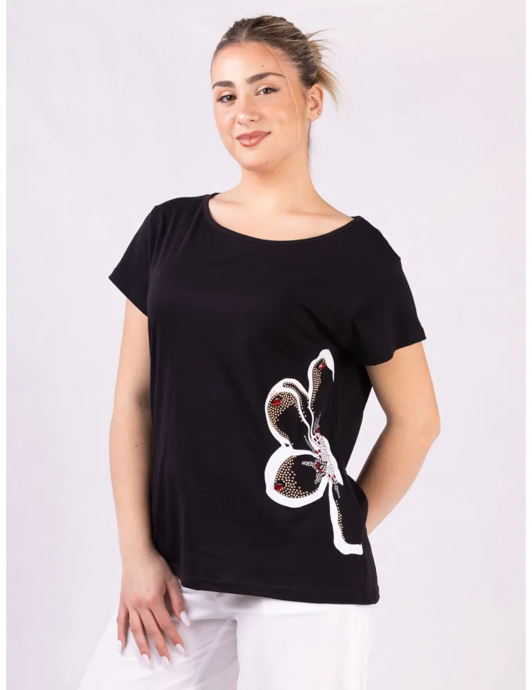 Rubamori Black cotton t-shirt with red rhinestones print Rubamori Black cotton t-shirt with red rhinestones print