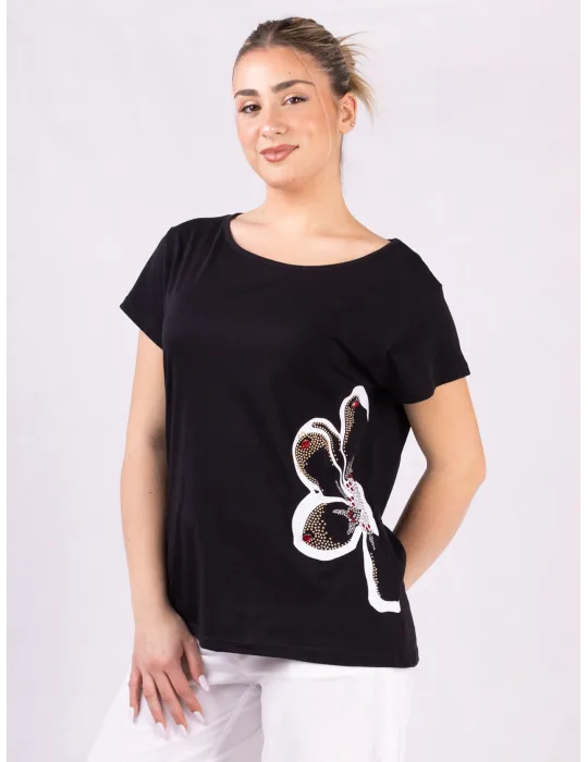 Rubamori Milano | Plus size red rhinestones black cotton t-shirt Rubamori Milano | Plus size red rhinestones black cotton t-shirt