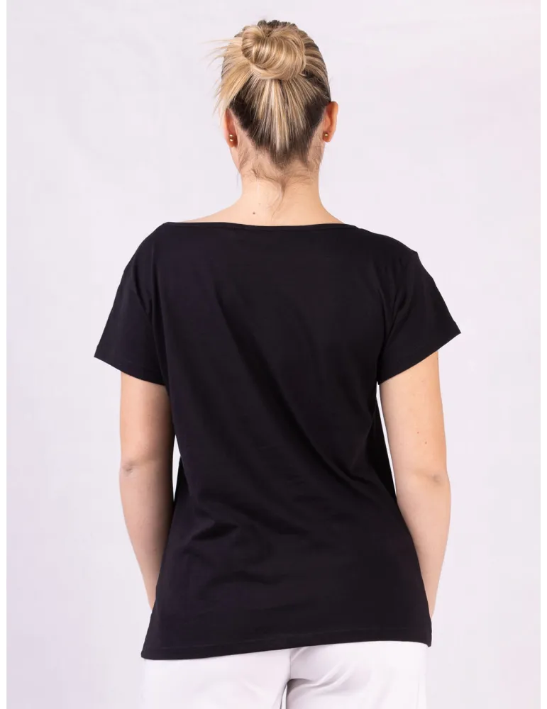 Rubamori Milano | Plus size red rhinestones black cotton t-shirt