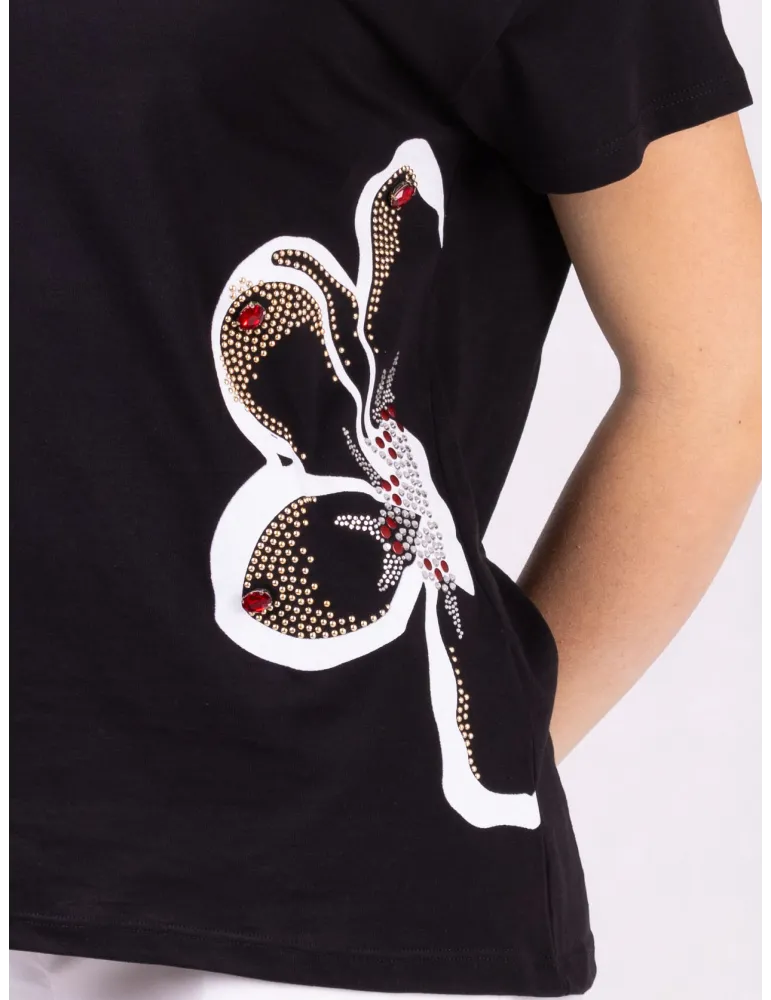 Rubamori Black cotton t-shirt with red rhinestones print
