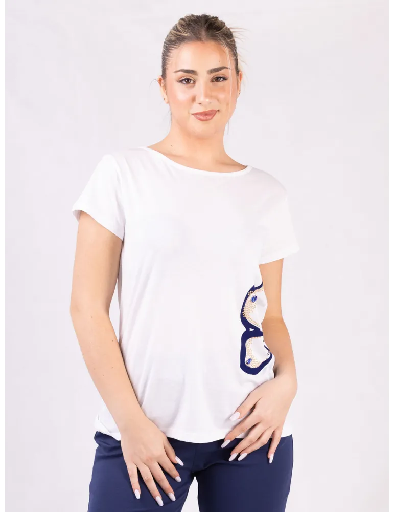 Rubamori Milano | Plus size blue rhinestones white cotton t-shirt