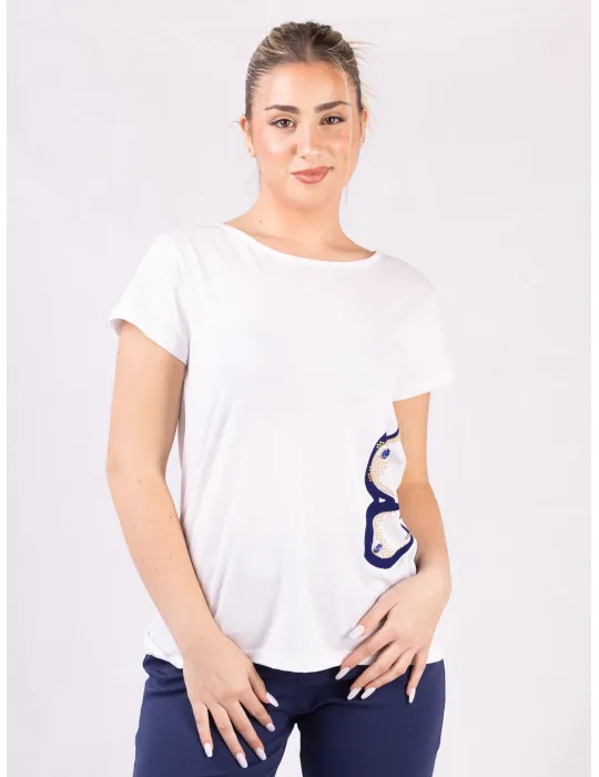 Rubamori Milano | Plus size blue rhinestones white cotton t-shirt Rubamori Milano | Plus size blue rhinestones white cotton t-shirt