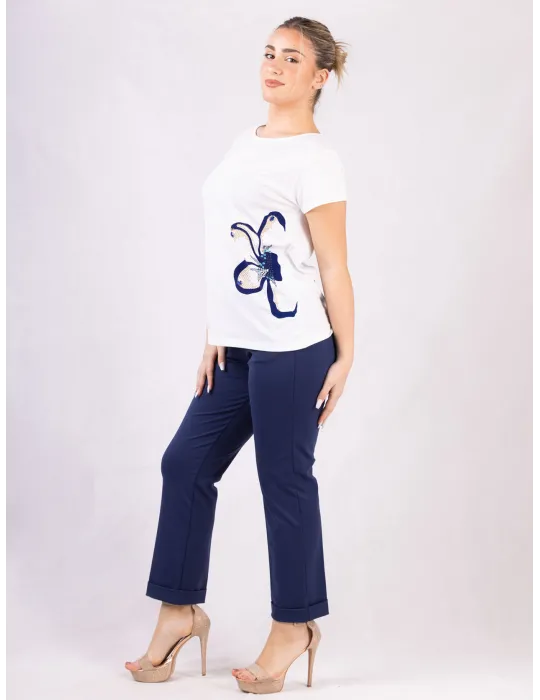 Rubamori Milano | Plus size blue rhinestones white cotton t-shirt