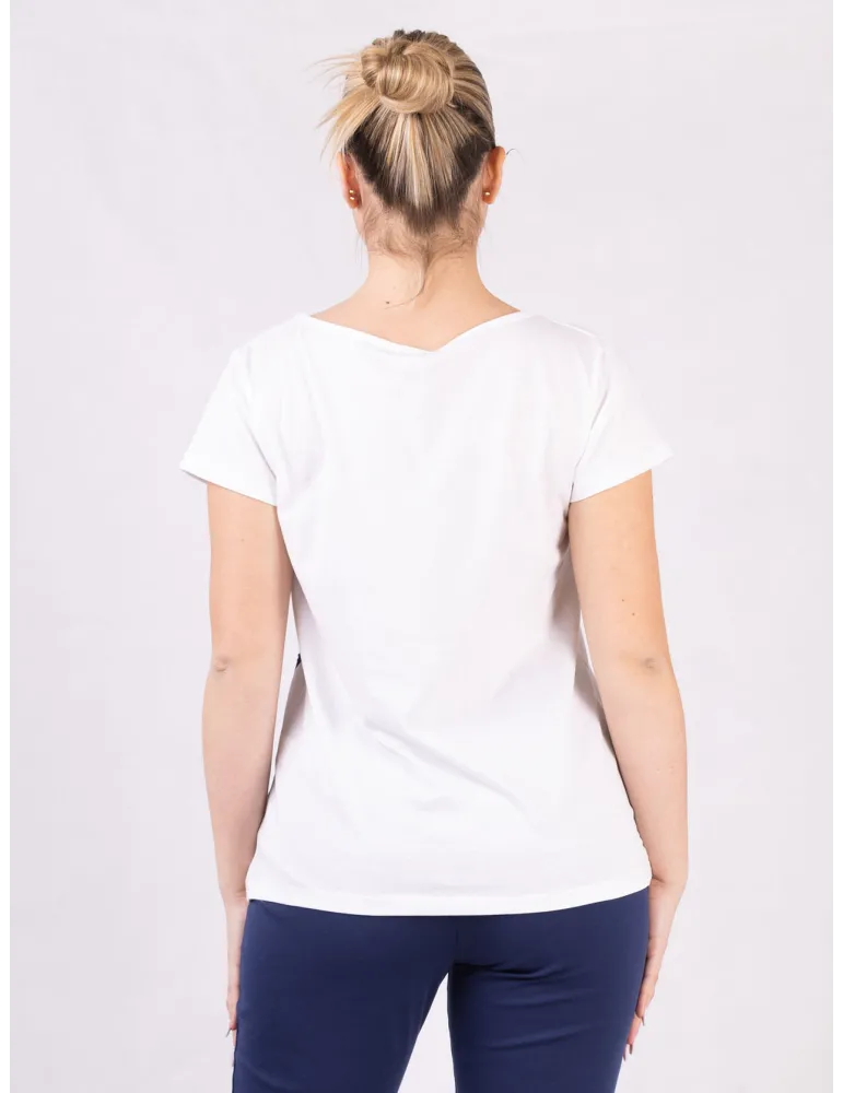 Rubamori blue rhinestones printed white cotton t-shirt