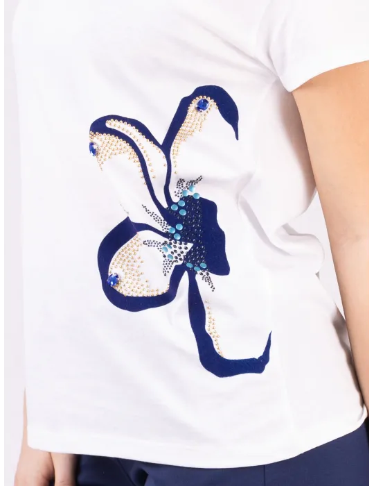 Rubamori Milano | Plus size blue rhinestones white cotton t-shirt