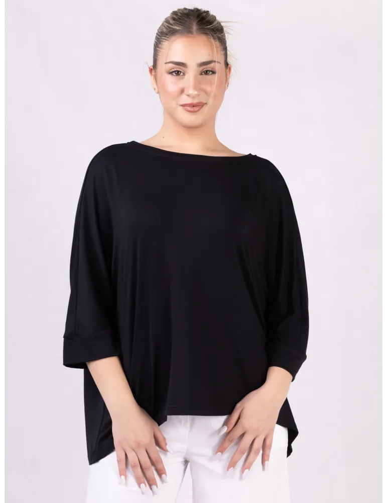 Rubamori Milano | Plus sizes black kimono blouse three quarter sleeves