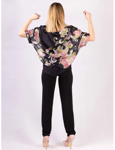 Rubamori Pink and green floral black poncho blouse shirt 2