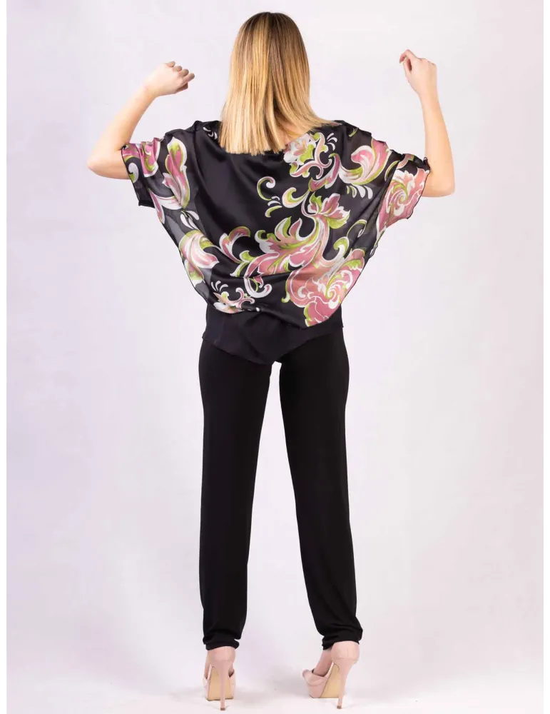 Rubamori Pink and green floral black poncho blouse shirt