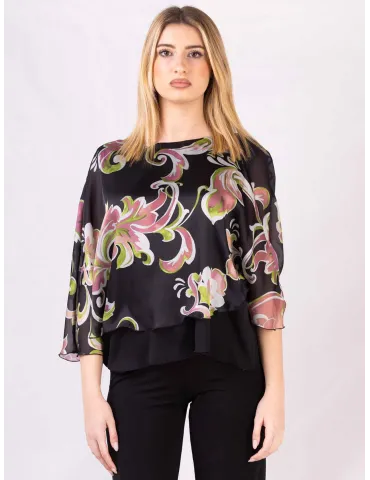 Rubamori Pink and green floral black poncho blouse shirt