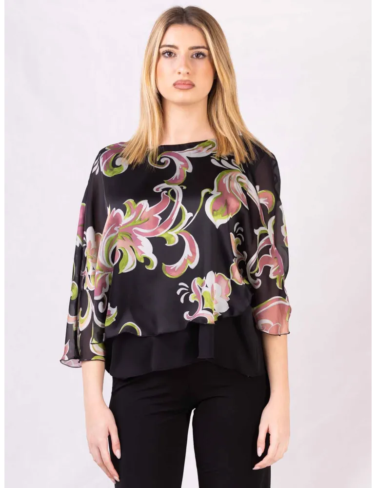 Blusa nera elegante poncho floreale verde e rosa Rubamori fino tg 54