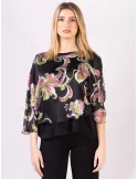 Blusa nera elegante poncho floreale verde e rosa Rubamori fino tg 54
