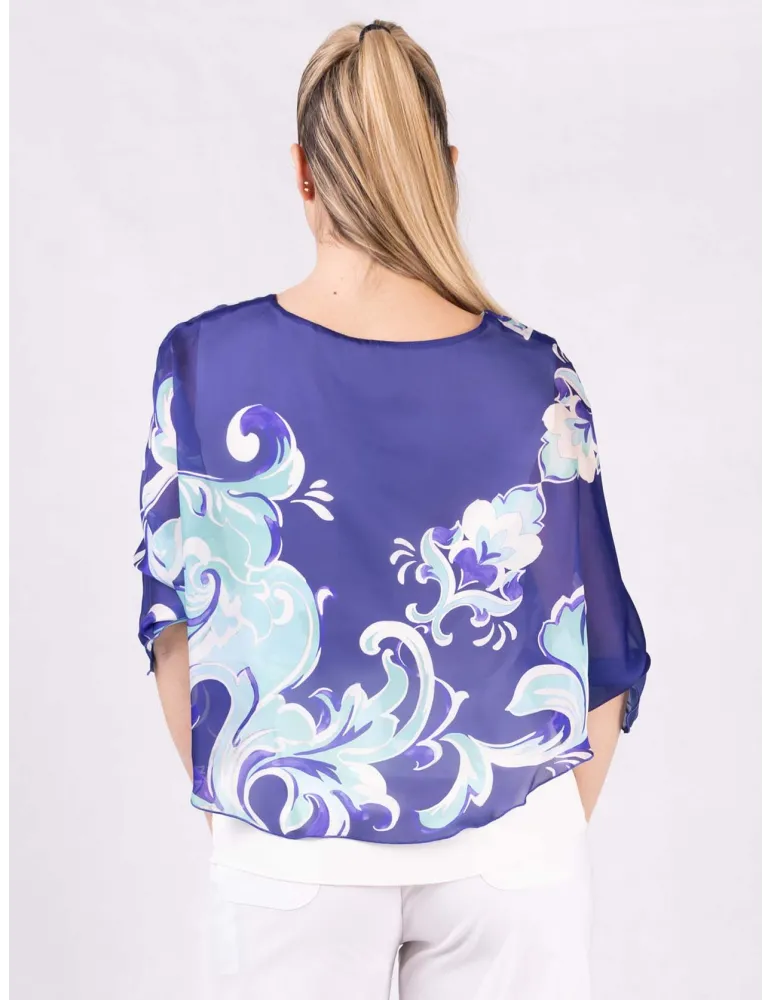 Blusa bianca elegante poncho floreale azzurra Rubamori fino tg 54
