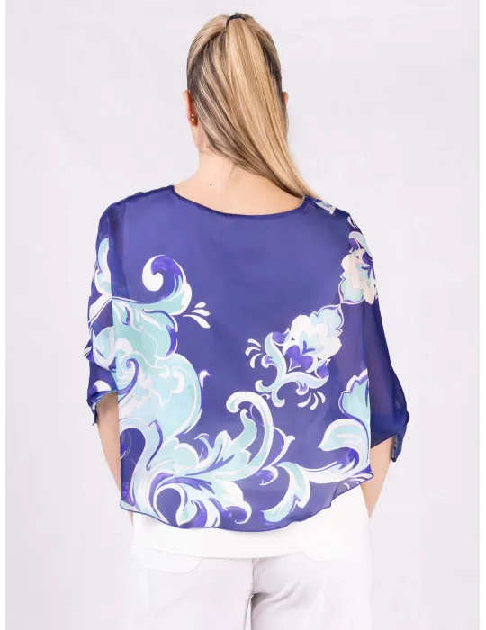 Rubamori Plu size Blue and green floral white poncho blouse shirt