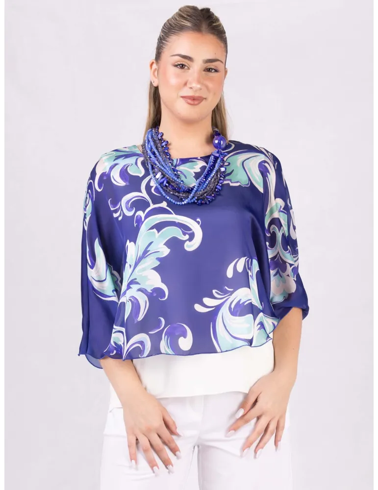 Blusa bianca elegante poncho floreale azzurra Rubamori fino tg 54 Blusa bianca elegante poncho floreale azzurra Rubamori fino tg 54