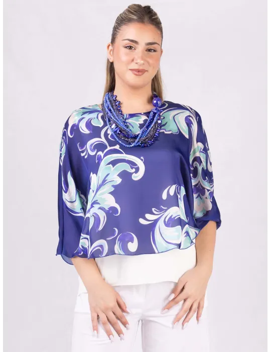 Rubamori Plu size Blue and green floral white poncho blouse shirt Rubamori Plu size Blue and green floral white poncho blouse shirt