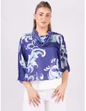 Blusa bianca elegante poncho floreale azzurra Rubamori fino tg 54