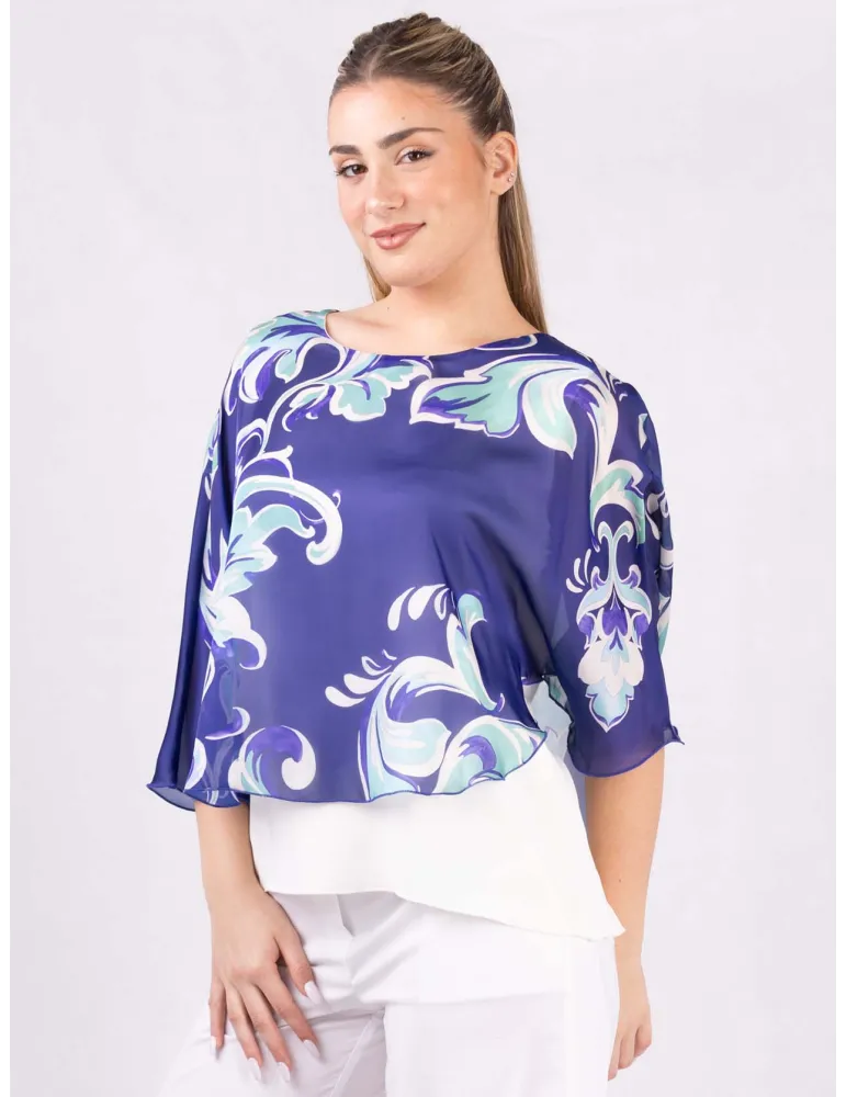 Blusa bianca elegante poncho floreale azzurra Rubamori fino tg 54