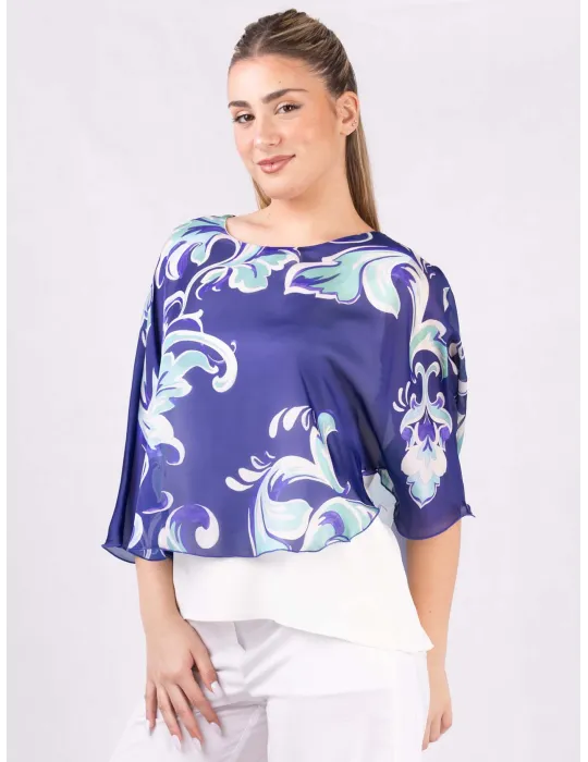 Rubamori Plu size Blue and green floral white poncho blouse shirt