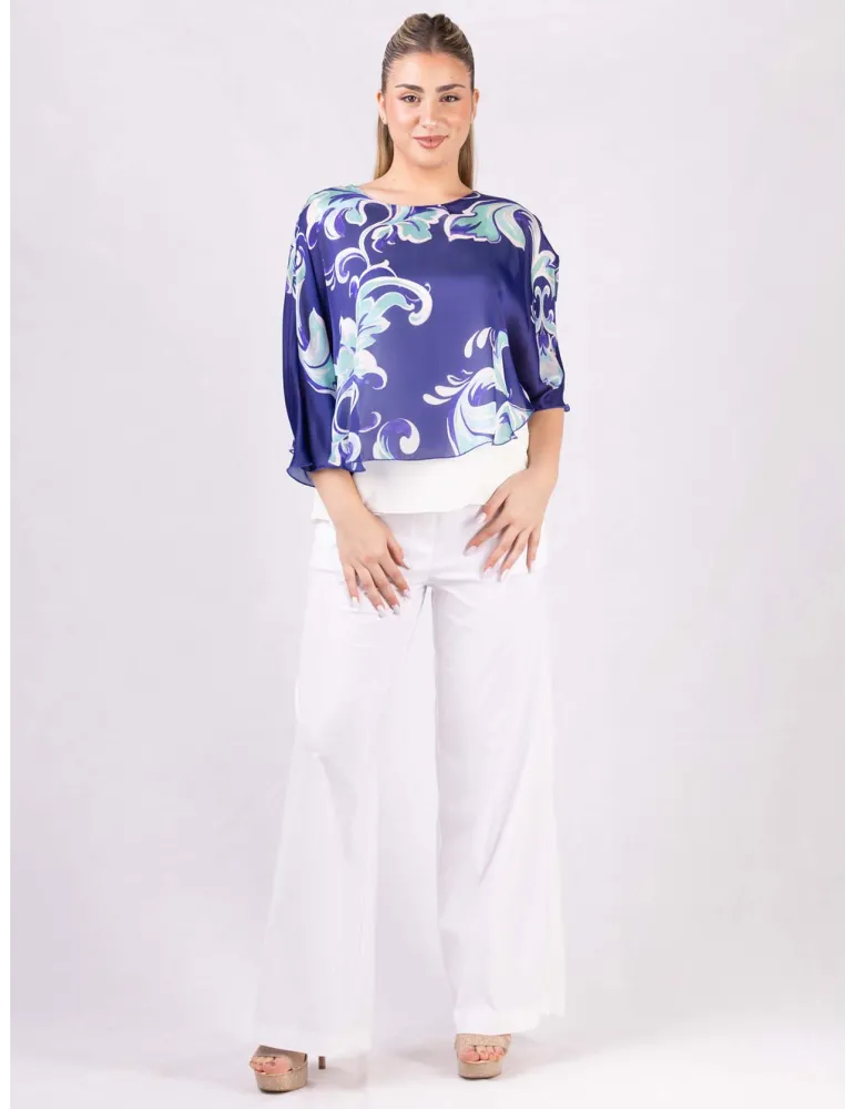 Blusa bianca elegante poncho floreale azzurra Rubamori fino tg 54