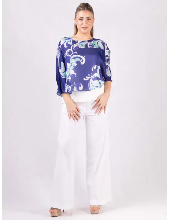 Rubamori Plu size Blue and green floral white poncho blouse shirt