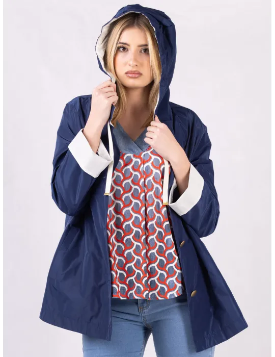 Giacca impermeabile blu denim col cappuccio fino alla tg 54