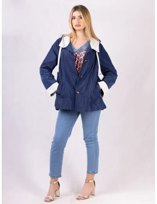 Giacca impermeabile blu denim col cappuccio fino alla tg 54