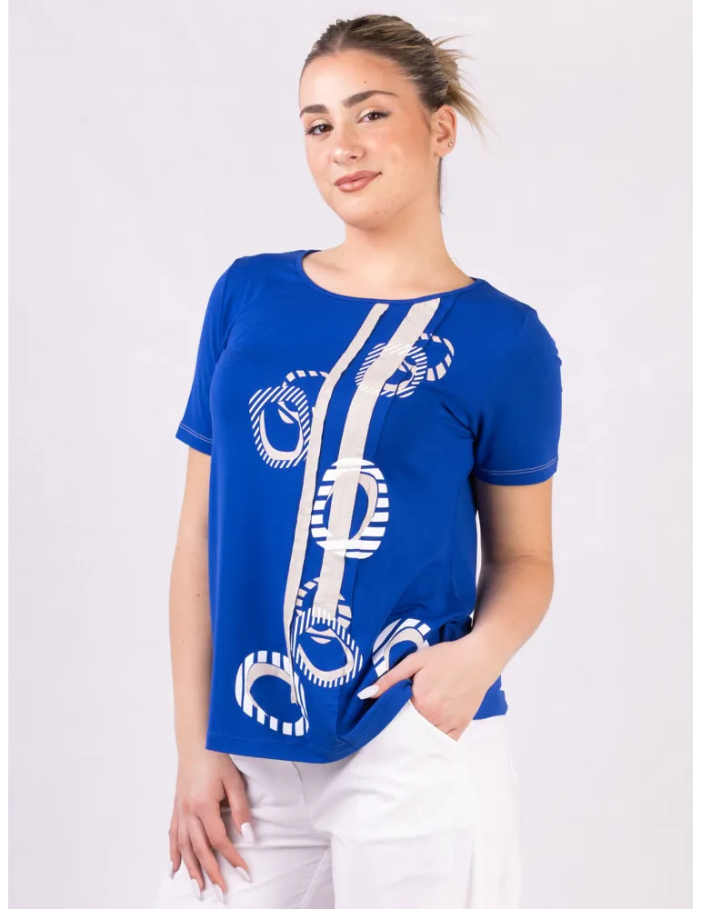 Rubamori Royal blue t-shirt with beige embroidery