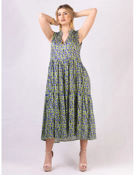 Rubamori Milano Acid green and blue long ruffled sundress