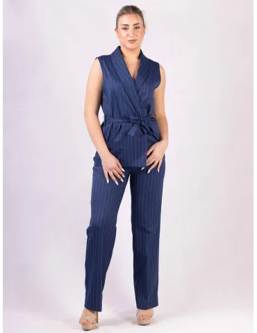 Blue and white pinstriped sleeveless jacket gilet and trousers suit 2