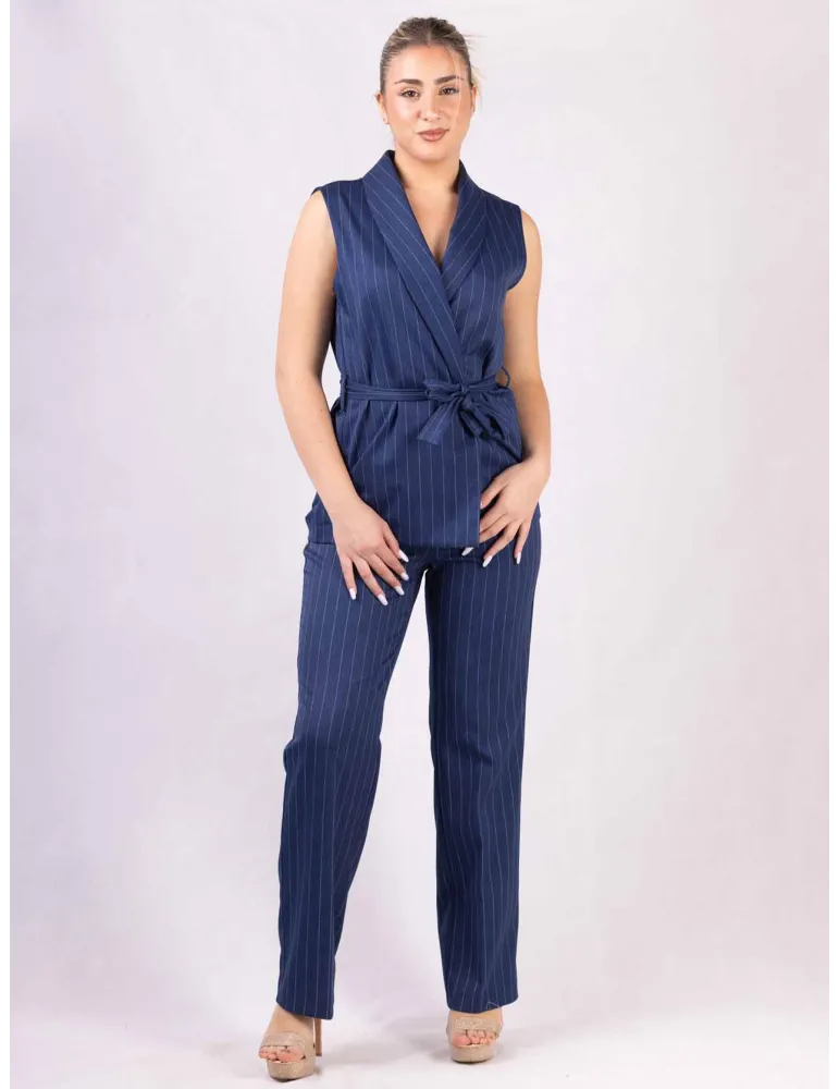 Blue and white pinstriped sleeveless jacket and trousers suit