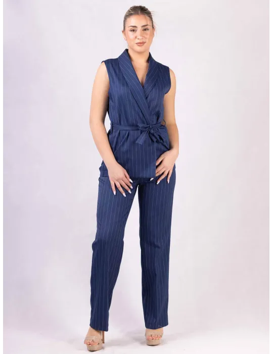 Blue and white pinstriped sleeveless jacket and trousers suit