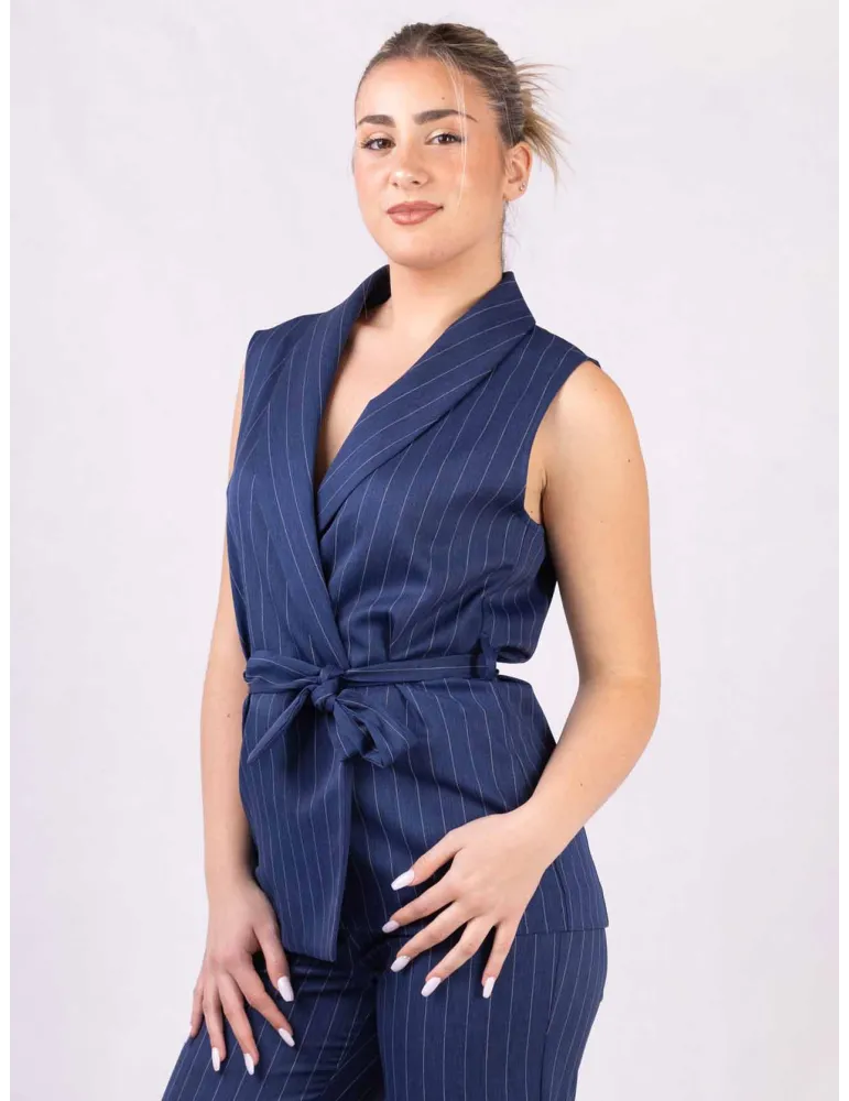 Blue and white pinstriped sleeveless jacket and trousers suit